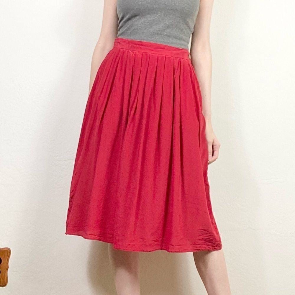 Vintage Red Pleated A Line Midi Skirt
